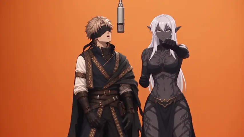 A sword fighter and a dark-elf warrior sharing the mic